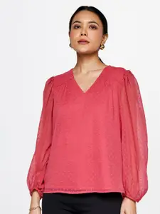 AND Self Design V-Neck Puff Sleeves Top