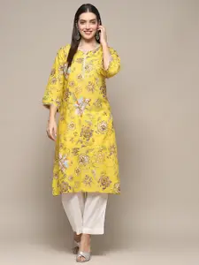 Biba Floral Printed Notch Neck Cotton Straight  Kurta