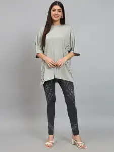 NEWD Abstract Printed Round Neck Short Drop-Shoulder Sleeves Oversized T-shirt & Leggings