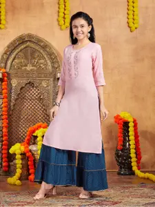 Aarika Girls Geometric Round Neck Sequins Cotton A-Line Kurta