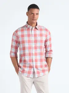 Flying Machine Checked Spread Collar Roll Up Sleeves Pure Cotton Casual Shirt