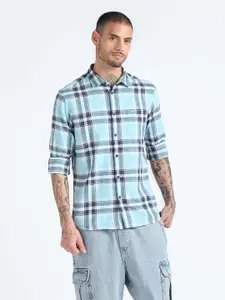 Flying Machine Checked Spread Collar Roll Up Sleeves Pure Cotton Slim Fit Casual Shirt