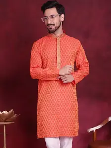 Anouk Orange Ethnic Motifs Woven Design Mandarin Collar Cotton Silk Straight Kurta