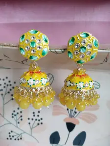 Crunchy Fashion Gold-Plated Stone-Studded & Beaded Meenakari Dome Shaped Jhumkas