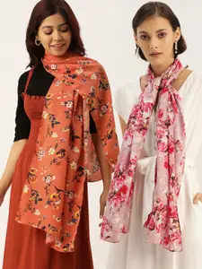 DressBerry Pink & Orange Pack Of 2 Printed Scarfs