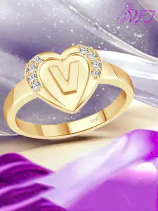 Vighnaharta Gold-Plated Cubic Zirconia Studded V-Letter Finger Ring With Velvet Rose Box