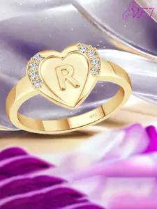 Vighnaharta Gold-Plated Cubic Zirconia Studded R-Letter Finger Ring With Velvet Rose Box