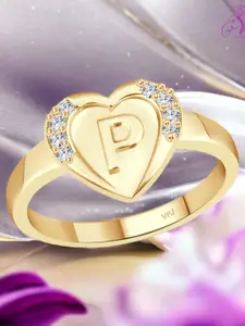 Vighnaharta Gold-Plated Cubic Zirconia Studded P-Letter Finger Ring With Velvet Rose Box