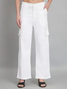 BAESD Women White Jean Relaxed Fit High-Rise Clean Look Cotton Cargo Jeans