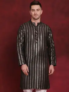 Anouk Black Striped Band Collar Straight Kurta
