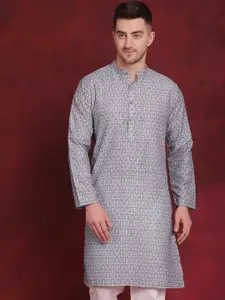 Anouk Floral Printed Mandarin Collar Long Sleeves Thread Work Straight Kurta