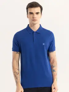 Snitch Blue Polo Collar Slim Fit Cotton T-shirt