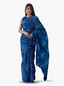 JALTHER Striped Tie and Dye Block Print Pure Cotton Saree