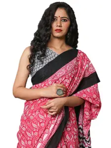 JALTHER Pink & Black Ethnic Motifs Pure Cotton Block Print Saree