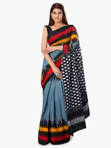 JALTHER Striped Block Print Pure Cotton Saree