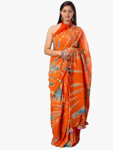 JALTHER Orange & Blue Tie and Dye Pure Cotton Block Print Saree