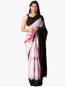 JALTHER White & Red Ombre Pure Cotton Block Print Saree