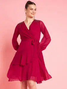 Antheaa Embellished Bell Sleeve Layered Chiffon Fit & Flare Party Dress