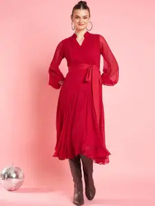 Antheaa Red V-Neck Long Sleeves Wrap Midi Opaque Party Dress