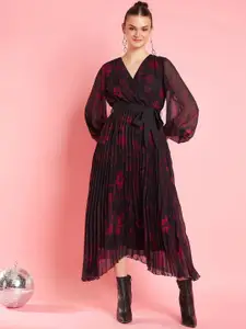 Antheaa Black V-Neck Bishop Sleeves Floral Printed Midi Opaque Party Dress