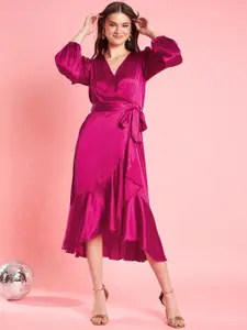 Antheaa Pink Puff Sleeve Layered Satin Wrap Midi Opaque Party Dress