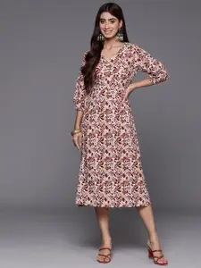 Varanga Floral Printed Cotton A-Line Midi Dress
