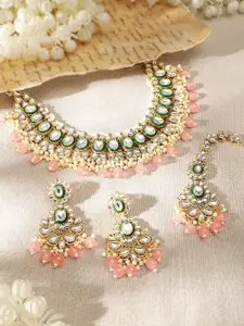 Rubans Gold-Plated Kundan & Pearl-Studded Necklace & Earrings With Maang Tika