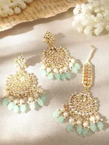 Rubans 22KT Gold-Plated Kundan Studded Beads Beaded Earrings With Maang Tikka