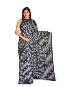 JALTHER Striped Pure Cotton Block Print Saree