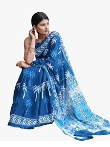 JALTHER Blue & White Dabu Pure Cotton Block Print Saree