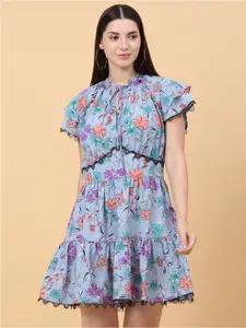 SiaVira Floral Print Flutter Sleeve Fit & Flare Dress