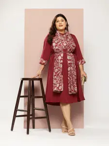 Sztori Plus Size Printed Ethnic A-Line Dress with Dupatta