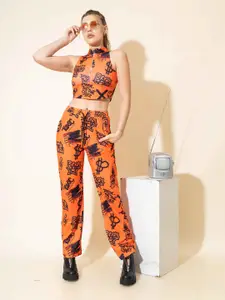 Stylecast X Hersheinbox Orange Typography Printed High Neck Top & Flared Trouser