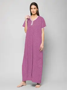 Winza Designer Polka Dots Printed V-Neck Pure Cotton Maxi Nightdress