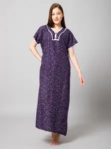 Winza Designer Ethnic Motifs Printed V-Neck Pure Cotton Maxi Nightdress