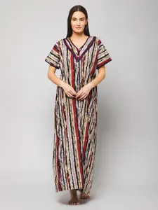 Winza Designer Striped V-Neck Pure Cotton Maxi Nightdress