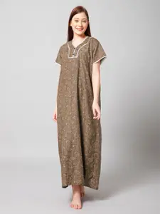 Winza Designer Ethnic Motifs Printed Cotton Maxi Nightdress