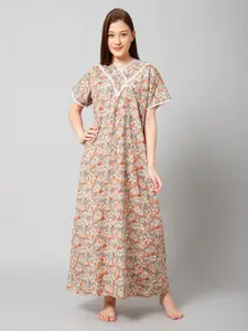 Winza Designer Floral Printed V-Neck Pure Cotton Maxi Nightdress
