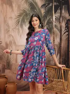 Sangria Floral Print A-Line Ethnic Dress
