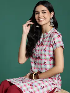 Sangria Checked Floral Motifs Kurta