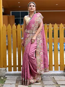LeeliPeeri Designer Pink & Green Floral Embroidered Silk Blend Saree