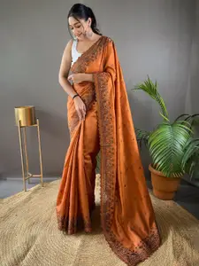 LeeliPeeri Designer Orange Ethnic Motifs Embroidered Silk Blend Saree