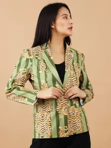 INDOPHILIA Printed Notched Lapel Single Breasted Cotton Blazer