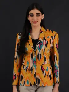INDOPHILIA Printed Notched Lapel Single Breasted Cotton Blazer