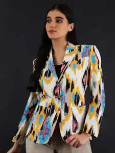 INDOPHILIA Printed Notched Lapel Single Breasted Cotton Blazer