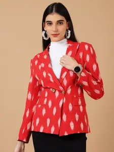 INDOPHILIA Ikat Printed Cotton Notched Lapel Collar Single-Breasted Blazer