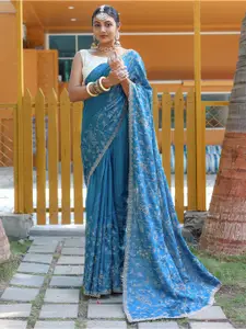 LeeliPeeri Designer Blue & White Floral Embroidered Silk Blend Saree
