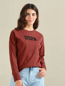 U.S. Polo Assn. Women Typography Printed Embellished Drop-Shoulder Sleeves T-shirt