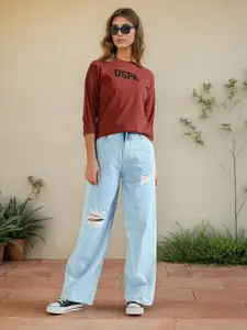 U.S. Polo Assn. Women Typography Printed Embellished Drop-Shoulder Sleeves T-shirt