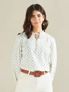 U.S. Polo Assn. Women Ethnic Printed Tie-Up Neck Puff Sleeves Cotton Top